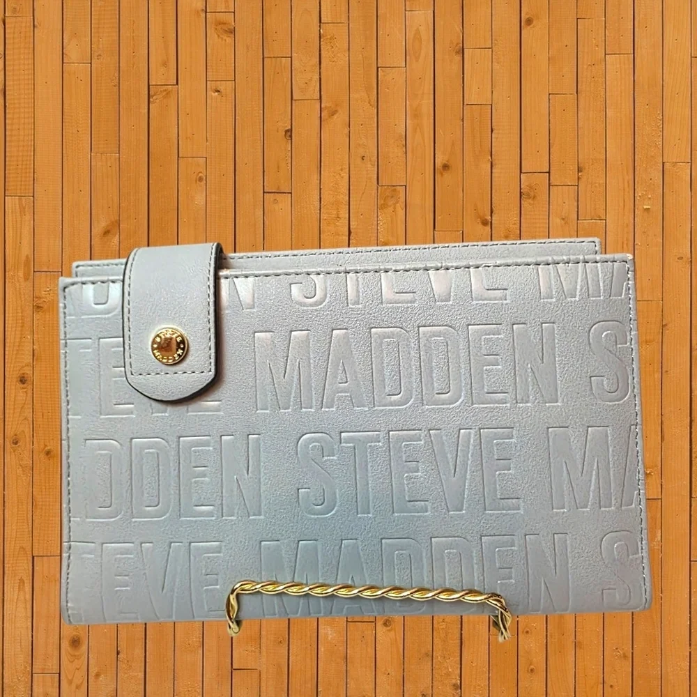 Steve Madden Large Wallet Baby Blue Embossed Logo Zip Around Clutch